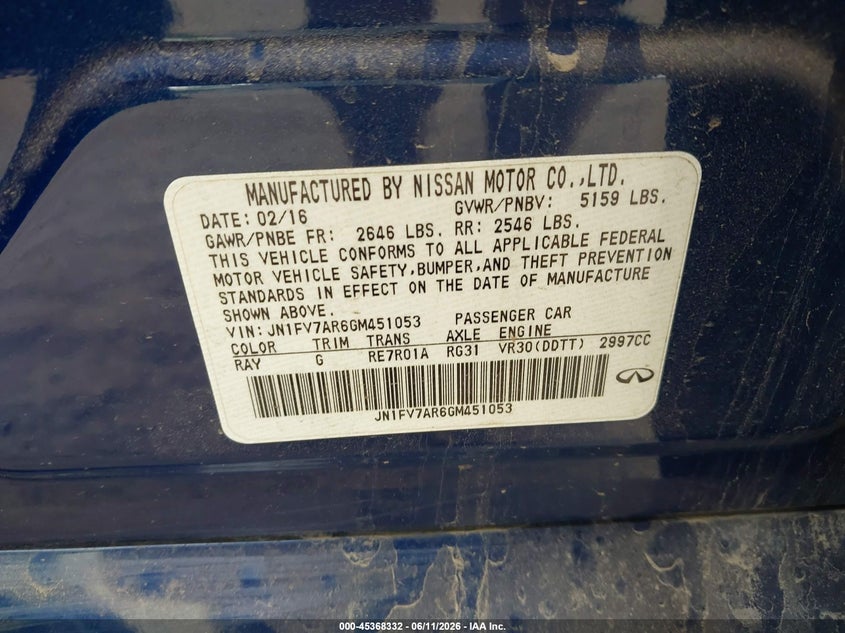 2016 Infiniti Q50 VIN JN1FV7AR6GM451053 IAAI salvage auction — MECHANICAL, Salvage Title, sold $25 on 2026-07-29 (photo 9)
