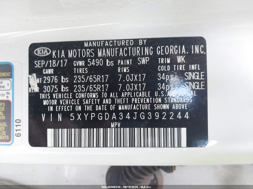 2018 Kia Sorento VIN 5XYPGDA34JG392244 IAAI salvage auction — LEFT REAR, Salvage (Virginia), sold $725 on 2026-07-28 (photo 9)