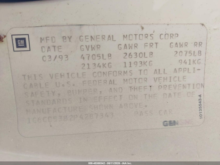 1993 Cadillac De ville VIN 1G6CD53B2P4287343 IAAI salvage auction — NORMAL WEAR, Clear (Florida), sold $325 on 2026-07-08 (photo 9)