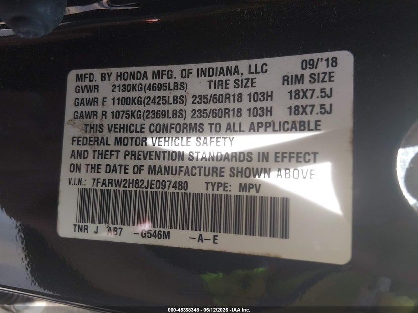 2018 Honda Cr-v VIN 7FARW2H82JE097480 IAAI salvage auction — FRONT END, Salvage (Virginia), sold $4,050 on 2026-07-08 (photo 9)