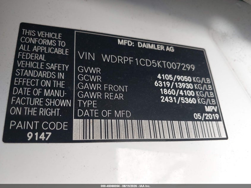 2019 Freightliner Sprinter 2500 VIN WDRPF1CD5KT007299 IAAI salvage auction — FRONT & REAR, Clear (Texas), sold $4,100 on 2026-07-08 (photo 9)