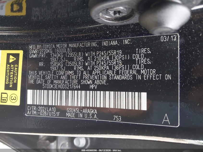 2013 Toyota Highlander VIN 5TDDK3EH0DS217644 IAAI salvage auction — FRONT END, Salvage (Ohio), sold $3,900 on 2026-07-05 (photo 9)