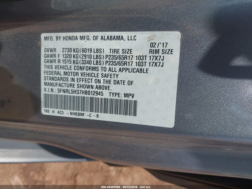 2017 Honda Odyssey VIN 5FNRL5H37HB012945 IAAI salvage auction — REAR END, Salvage (Alabama), sold $2,000 on 2026-07-19 (photo 9)