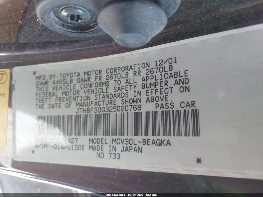2002 Lexus Es 300 VIN JTHBF30G325020768 IAAI salvage auction — ELECTRICAL, Salvage (Idaho), sold $275 on 2026-07-16 (photo 9)