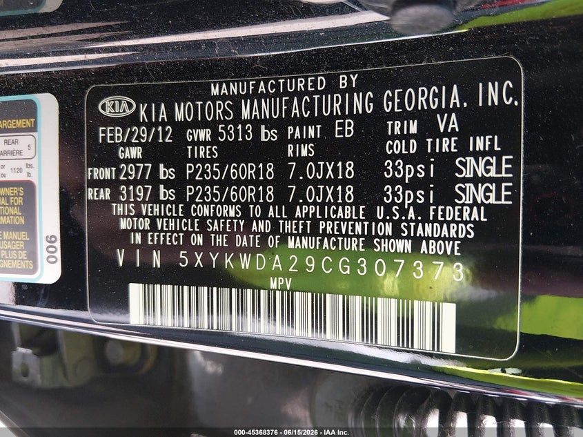 2012 Kia Sorento VIN 5XYKWDA29CG307373 IAAI salvage auction — FRONT END, Certificate Of Title (Nebraska), sold $1,350 on 2026-07-12 (photo 9)