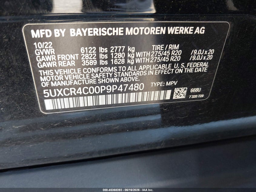 2023 BMW X5 VIN 5UXCR4C00P9P47480 IAAI salvage auction — LEFT FRONT, Salvage (Pennsylvania), sold $22,150 on 2026-07-17 (photo 9)