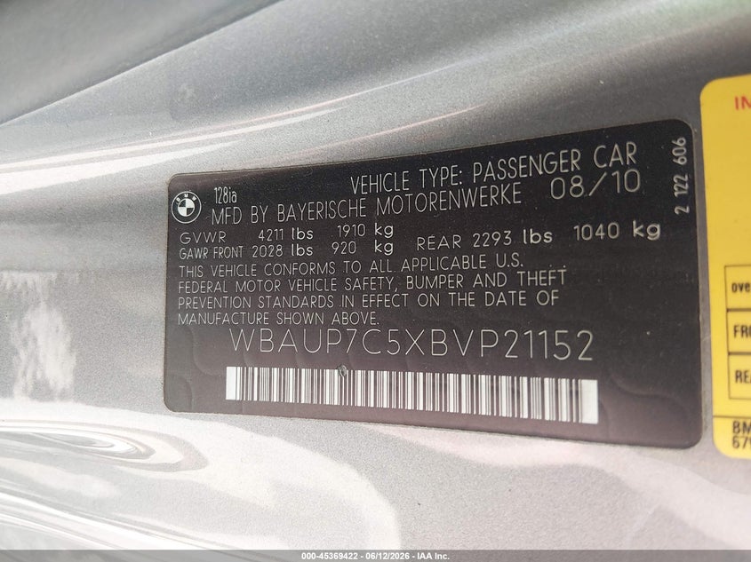 2011 BMW 1er VIN WBAUP7C5XBVP21152 IAAI salvage auction — RIGHT FRONT, Salvage (Ohio), sold $2,425 on 2026-07-24 (photo 9)