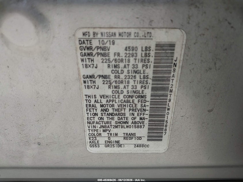 2020 Nissan Rogue VIN JN8AT2MT9LW015887 IAAI salvage auction — RIGHT SIDE, Rebuildable (Florida), sold $4,875 on 2026-07-23 (photo 9)