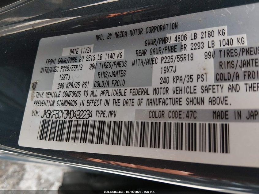 2021 Mazda Cx-5 VIN JM3KFBCY3M0492234 IAAI salvage auction — FRONT END, Salvage (Indiana), sold $4,050 on 2026-07-31 (photo 9)