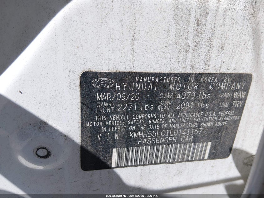 2020 Hyundai Elantra VIN KMHH55LC1LU141157 IAAI salvage auction — FRONT & REAR, Salvage (New Jersey), sold $2,150 on 2026-07-27 (photo 9)