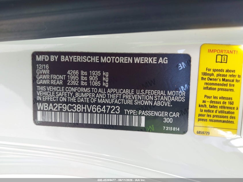 2017 BMW VIN WBA2F9C38HV664723 IAAI salvage auction — UNDERCARRIAGE, Rebuildable (Florida), sold $3,025 on 2026-07-23 (photo 9)