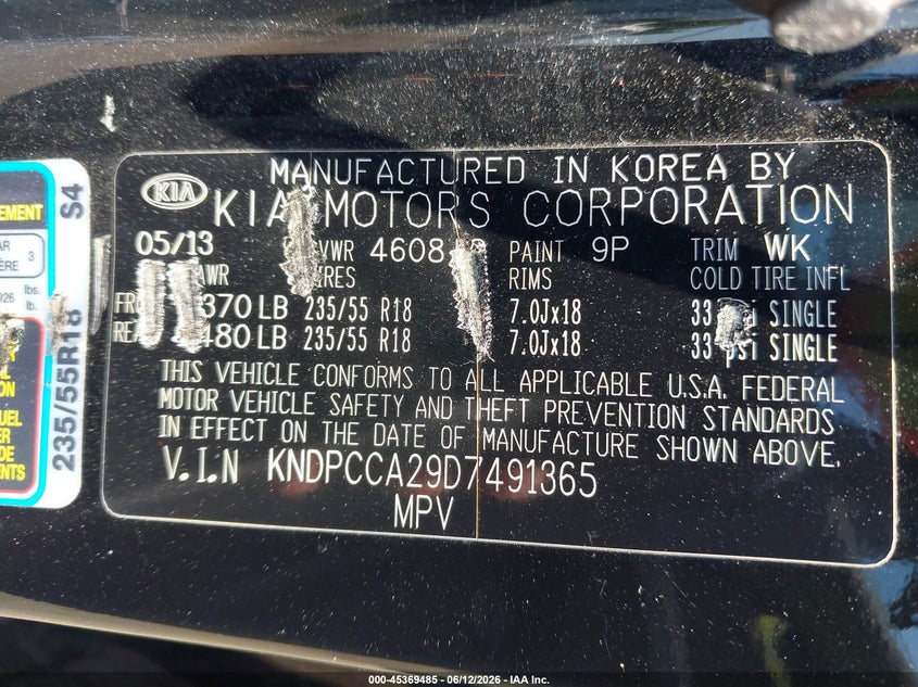 2013 Kia Sportage VIN KNDPCCA29D7491365 IAAI salvage auction — FRONT END, Salvage Title, sold $1,950 on 2026-07-19 (photo 9)