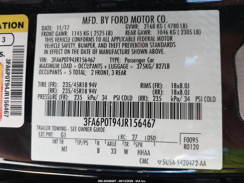 2018 Ford Fusion VIN 3FA6P0T94JR156467 IAAI salvage auction — FRONT END, Clear (Michigan), sold $1,150 on 2026-07-05 (photo 9)