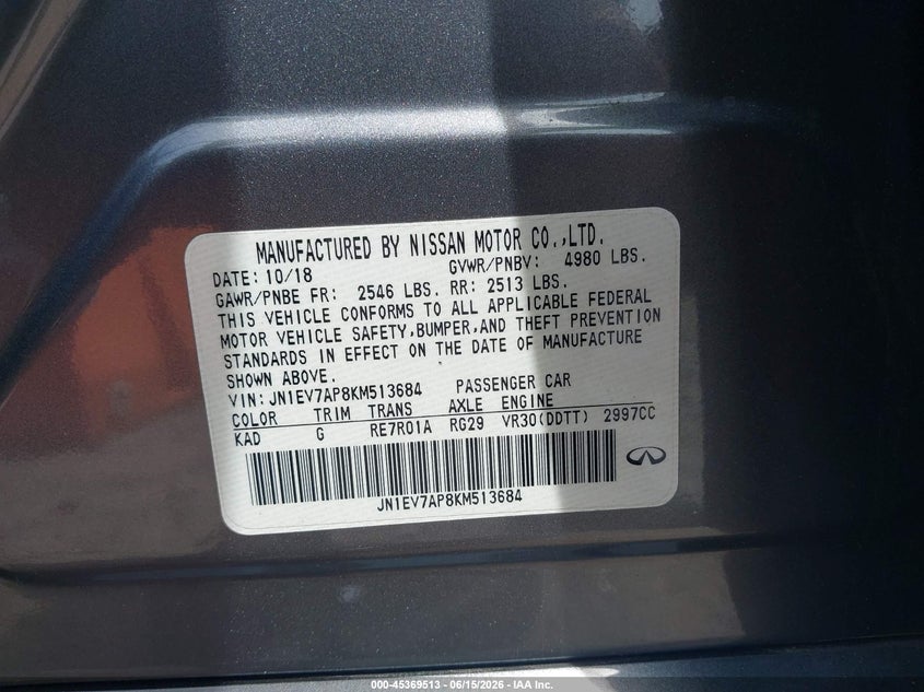 2019 Infiniti Q50 VIN JN1EV7AP8KM513684 IAAI salvage auction — THEFT, Salvage (Georgia), sold $7,550 on 2026-07-15 (photo 9)