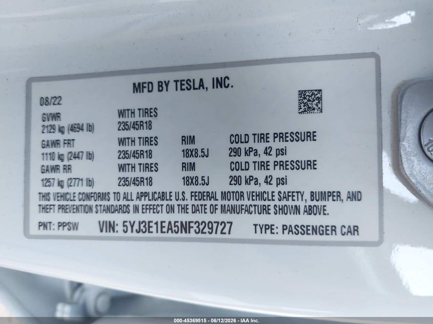2022 Tesla Model 3 VIN 5YJ3E1EA5NF329727 IAAI salvage auction — FRONT END, Certificate Of Destruction (Florida), sold $2,350 on 2026-07-18 (photo 9)