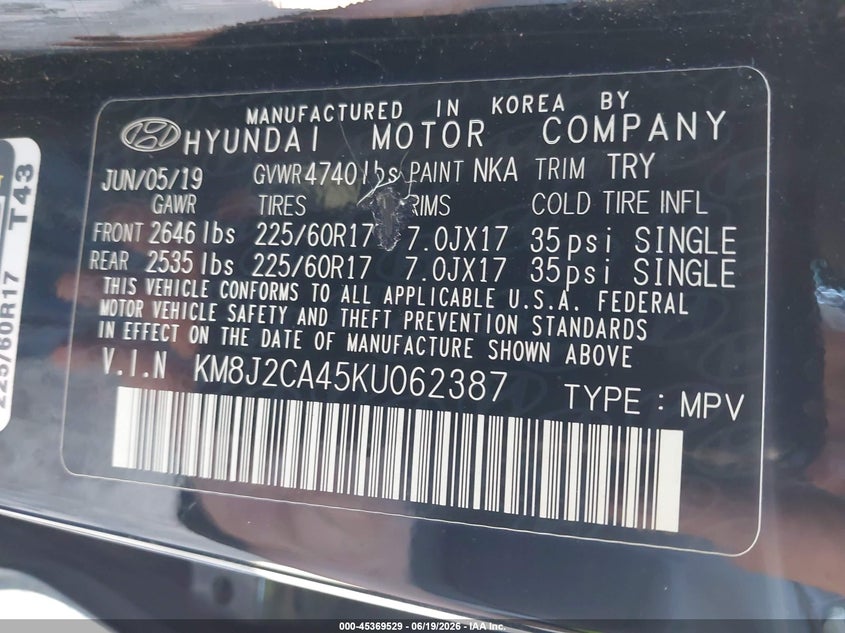 2019 Hyundai Tucson VIN KM8J2CA45KU062387 IAAI salvage auction — LEFT FRONT, Salvage Title, sold $2,600 on 2026-07-29 (photo 9)