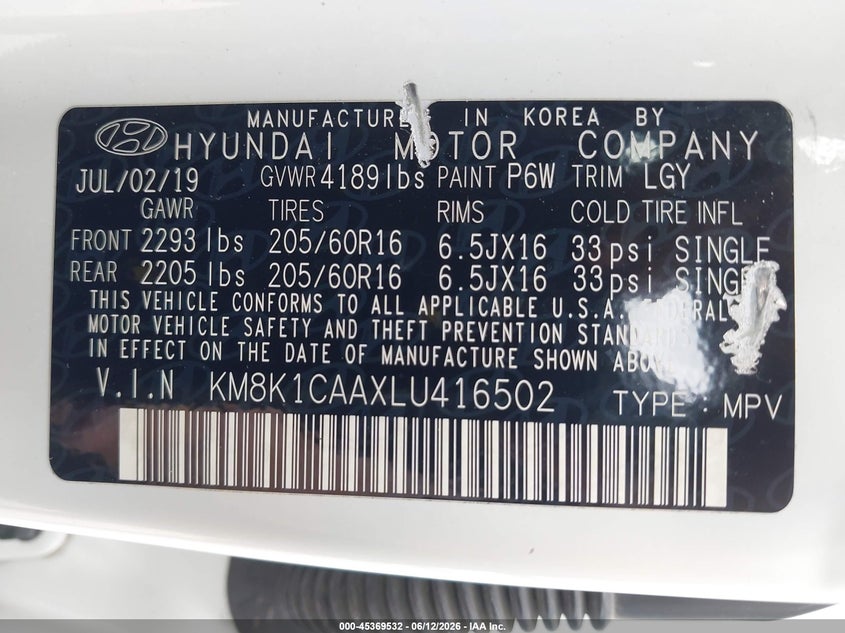2020 Hyundai Kona VIN KM8K1CAAXLU416502 IAAI salvage auction — RIGHT SIDE, Salvage (Tennessee), sold $2,400 on 2026-07-16 (photo 9)