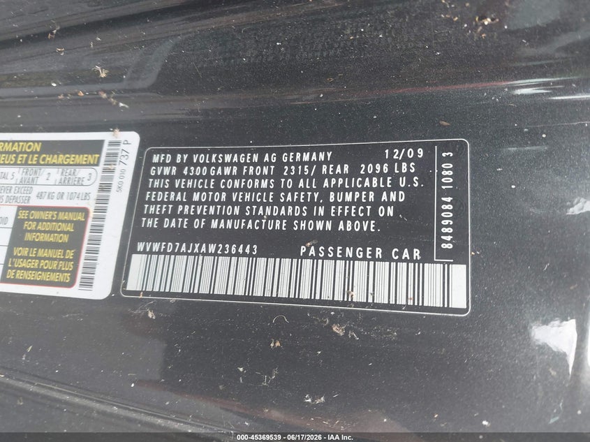 2010 Volkswagen Gti VIN WVWFD7AJXAW236443 IAAI salvage auction — NORMAL WEAR, Clear (New York), sold $350 on 2026-07-29 (photo 9)