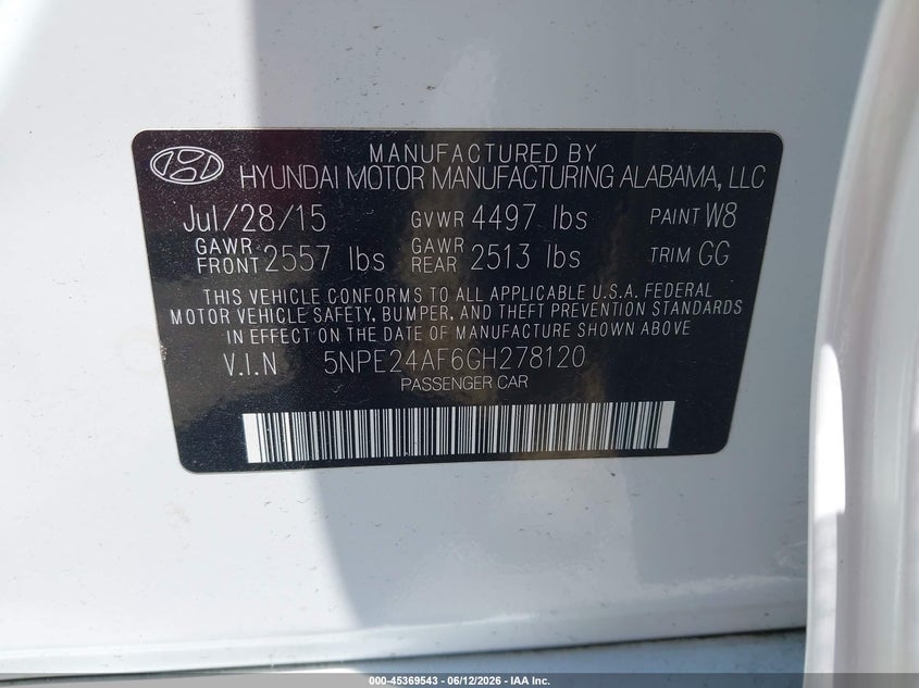 2016 Hyundai Sonata VIN 5NPE24AF6GH278120 IAAI salvage auction — MECHANICAL, Clear (North Carolina), sold $475 on 2026-07-09 (photo 9)