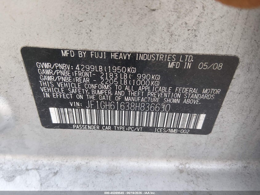 2008 Subaru Impreza VIN JF1GH61638H836630 IAAI salvage auction — SIDE, Salvage (Indiana), sold $375 on 2026-07-15 (photo 9)