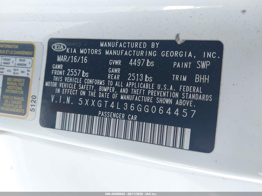 2016 Kia Optima VIN 5XXGT4L36GG064457 IAAI salvage auction — FRONT END, Repossession Paperwork (Georgia), sold $1,150 on 2026-07-13 (photo 9)
