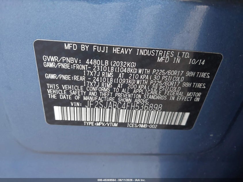 2015 Subaru Forester VIN JF2SJABC4FH536898 IAAI salvage auction — NORMAL WEAR, Clear (Florida), sold $2,225 on 2026-07-10 (photo 9)