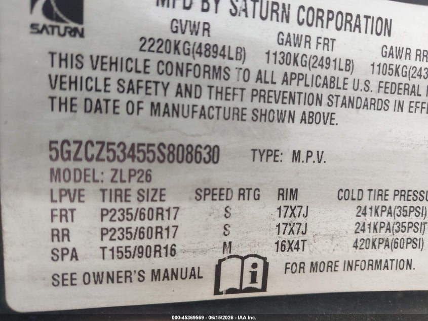 2005 Saturn Vue VIN 5GZCZ53455S808630 IAAI salvage auction — NORMAL WEAR, Clear (North Carolina), sold $350 on 2026-07-09 (photo 9)