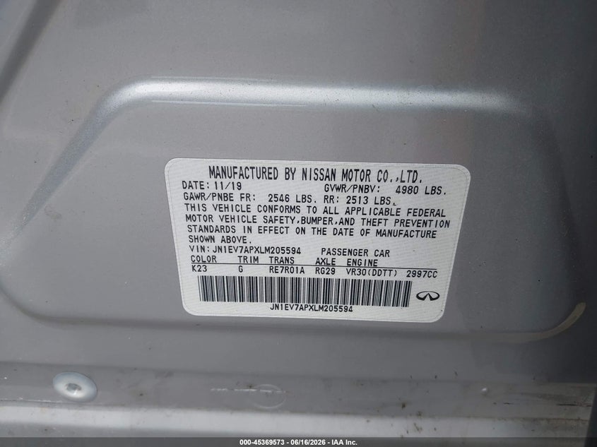 2020 Infiniti Q50 VIN JN1EV7APXLM205594 IAAI salvage auction — ROLLOVER, Salvage (Idaho), sold $1,700 on 2026-07-15 (photo 9)
