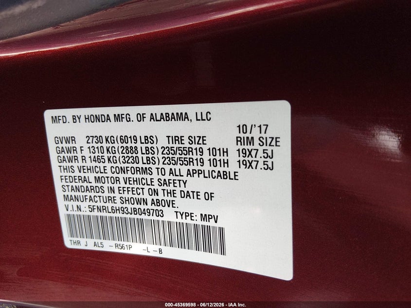 2018 Honda Odyssey VIN 5FNRL6H93JB049703 IAAI salvage auction — FRONT END, Salvage Title, sold $3,300 on 2026-08-04 (photo 9)