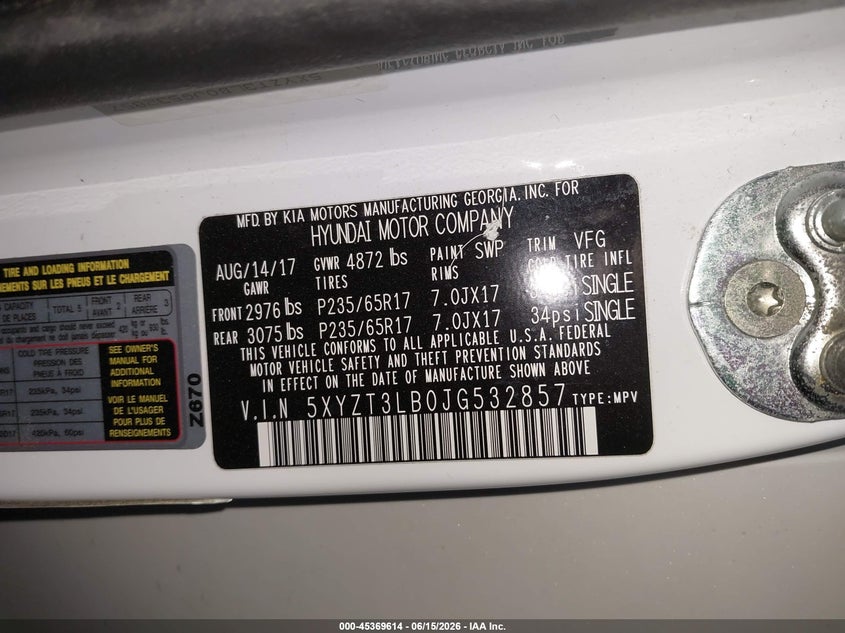 2018 Hyundai Santa fe VIN 5XYZT3LB0JG532857 IAAI salvage auction — FRONT END, Salvage Title, sold $1,250 on 2026-07-24 (photo 9)