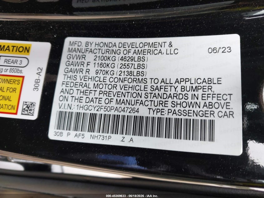 2023 Honda Accord VIN 1HGCY2F50PA047264 IAAI salvage auction — FRONT END, Wait Title, sold $9,300 on 2026-07-30 (photo 9)
