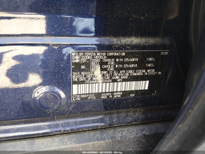 2021 Toyota Venza VIN JTEAAAAH3MJ026468 IAAI salvage auction — RIGHT SIDE, Salvage - 75% Or Less (Maryland), sold $11,100 on 2026-07-13 (photo 9)