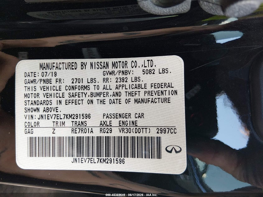 2019 Infiniti Q60 VIN JN1EV7EL7KM291596 IAAI salvage auction — HAIL, Clear (Oklahoma), sold $9,300 on 2026-08-01 (photo 9)