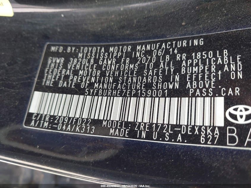 2014 Toyota Corolla VIN 5YFBURHE7EP159001 IAAI salvage auction — NORMAL WEAR, Original (Texas), sold $1,925 on 2026-07-29 (photo 9)
