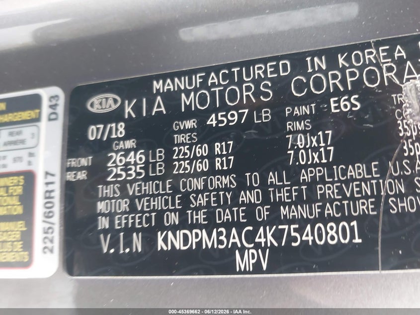 2019 Kia Sportage VIN KNDPM3AC4K7540801 IAAI salvage auction — FRONT END, Salvage Title, sold $2,350 on 2026-07-30 (photo 9)