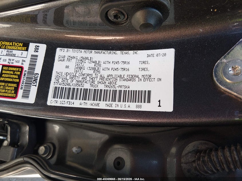 2020 Toyota Tacoma VIN 5TFAX5GN8LX185652 IAAI salvage auction — ALL OVER, Salvage (Tennessee), sold $2,800 on 2026-07-30 (photo 9)