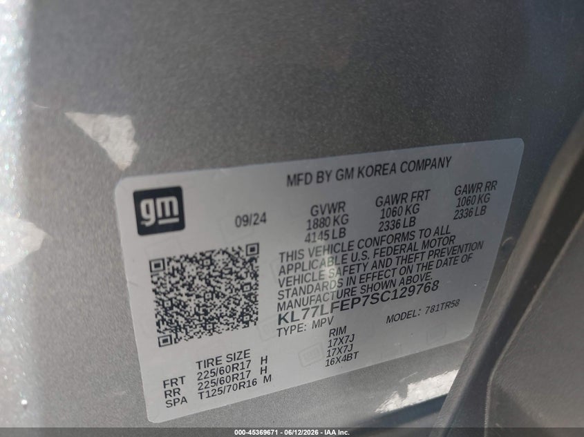 2025 Chevrolet Trax VIN KL77LFEP7SC129768 IAAI salvage auction — LEFT FRONT, Salvage (Ohio), sold $3,250 on 2026-07-28 (photo 9)