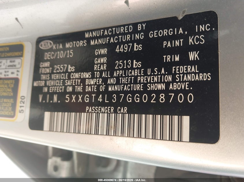 2016 Kia Optima VIN 5XXGT4L37GG028700 IAAI salvage auction — NORMAL WEAR, Clear (Virginia), sold $575 on 2026-07-21 (photo 9)