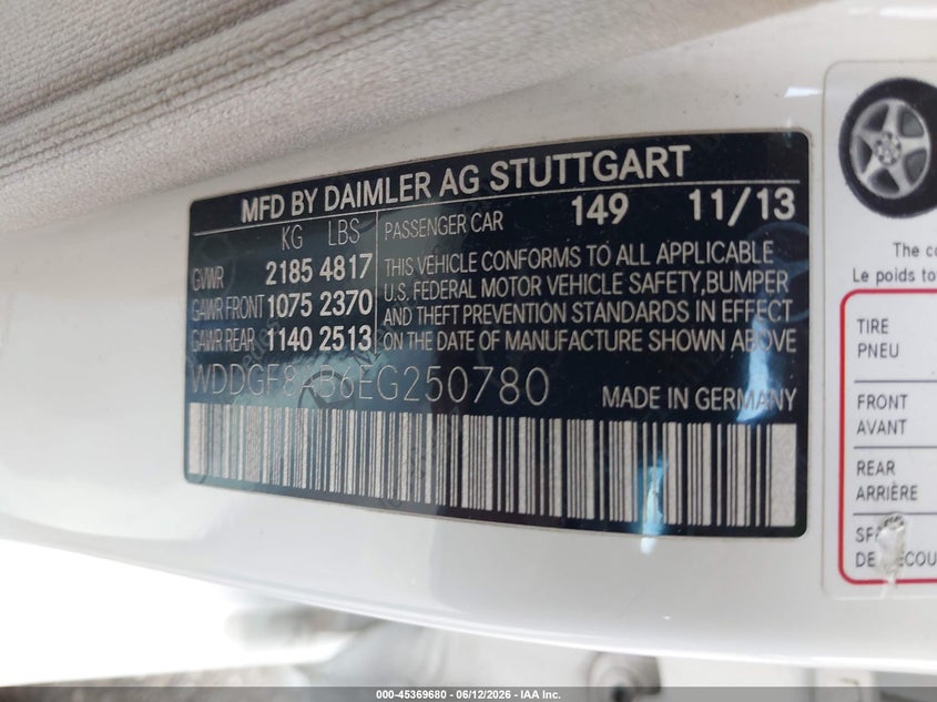 2014 Mercedes-benz C-klasse VIN WDDGF8AB6EG250780 IAAI salvage auction — FRONT END, Salvage - Greater Than 75% (Maryland), sold $700 on 2026-07-11 (photo 9)