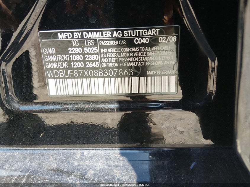 2008 Mercedes-benz E-klasse VIN WDBUF87X08B307863 IAAI salvage auction — FRONT END, Salvage (Kentucky), sold $25 on 2026-07-20 (photo 9)