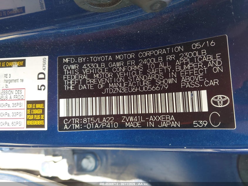 2017 Toyota VIN JTDZN3EU6HJ056679 IAAI salvage auction — REAR END, Salvage Title, sold $2,950 on 2026-07-23 (photo 9)