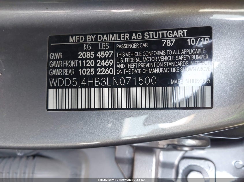 2020 Mercedes-benz Cla-klasse VIN WDD5J4HB3LN071500 IAAI salvage auction — FRONT END, Salvage Title, sold $8,100 on 2026-07-17 (photo 9)