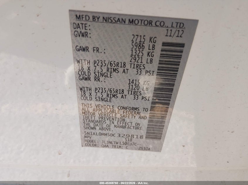 2013 Infiniti Jx35 VIN 5N1AL0MM5DC329818 IAAI salvage auction — NORMAL WEAR, Clear (Idaho), sold $1,350 on 2026-07-10 (photo 9)