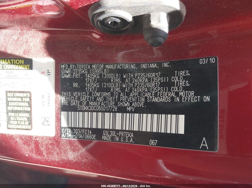 2011 Toyota Sienna VIN 5TDKK3DC0BS017728 IAAI salvage auction — REAR END, Salvage (Ohio), sold $800 on 2026-07-14 (photo 9)