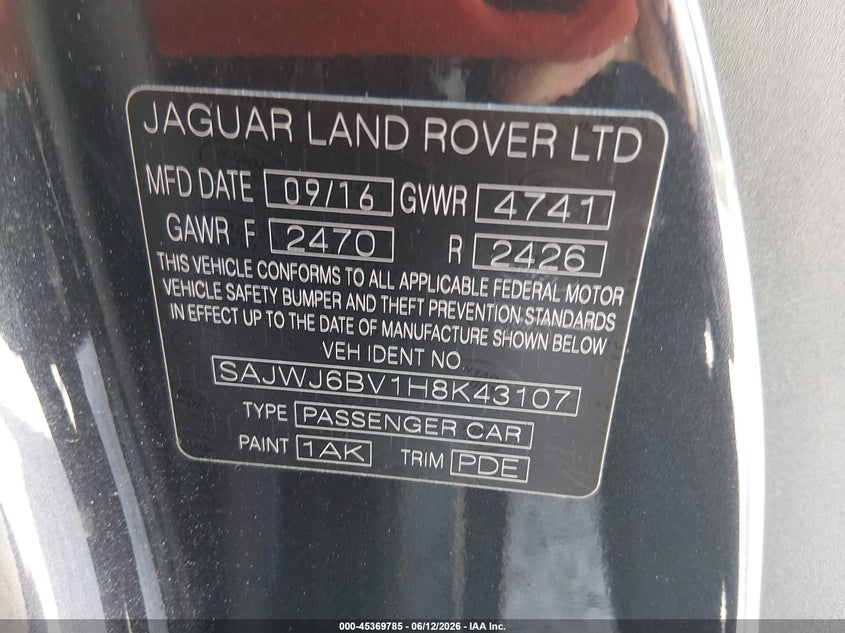 2017 Jaguar F-type VIN SAJWJ6BV1H8K43107 IAAI salvage auction — FRONT END, Salvage (Alabama), sold $300 on 2026-07-29 (photo 9)