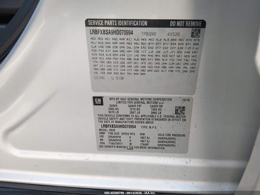 2017 Buick Envision VIN LRBFXBSA9HD070994 IAAI salvage auction — REAR END, Salvage (Maine), sold $25 on 2026-07-13 (photo 9)