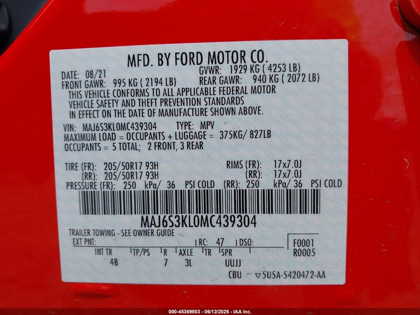 2021 Ford Ecosport VIN MAJ6S3KL0MC439304 IAAI salvage auction — FRONT END, Salvage Title, sold $1,700 on 2026-07-22 (photo 9)