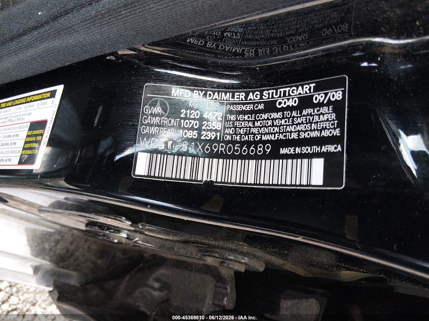 2009 Mercedes-benz C class VIN WDDGF81X69R056689 IAAI salvage auction — REAR END, Salvage (New Jersey), sold $200 on 2026-07-29 (photo 9)