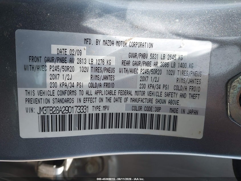 2009 Mazda Cx-9 VIN JM3TB28A290173331 IAAI salvage auction — NORMAL WEAR, Original (Texas), sold $375 on 2026-07-09 (photo 9)