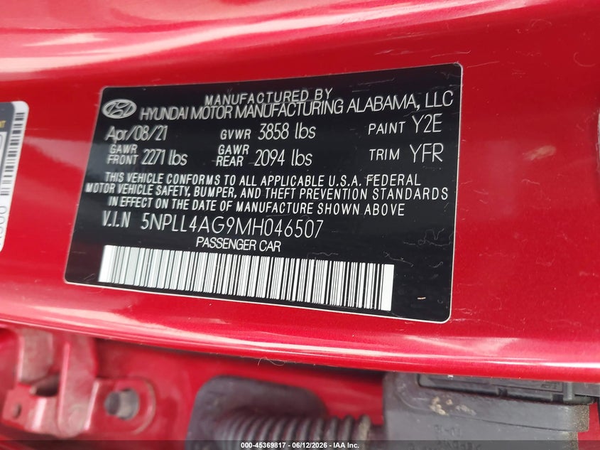 2021 Hyundai Elantra VIN 5NPLL4AG9MH046507 IAAI salvage auction — NORMAL WEAR, Sf97 (Maryland), sold $1,000 on 2026-07-21 (photo 9)